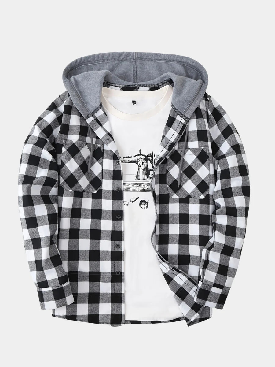 Men's grey plaid hooded sweatshirt for cold autumn and winter days