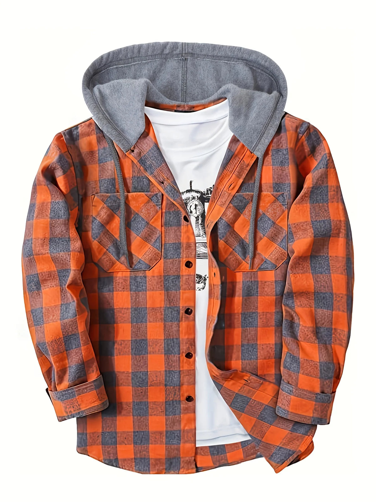 Men's orange plaid hooded sweatshirt for cold autumn and winter days