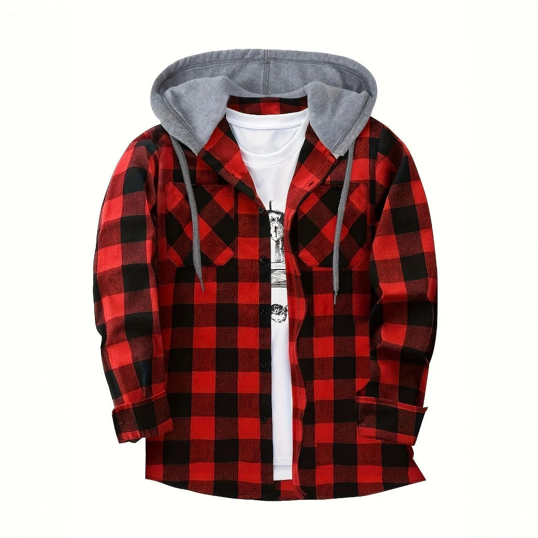 Men's red plaid hooded sweatshirt for cold autumn and winter days
