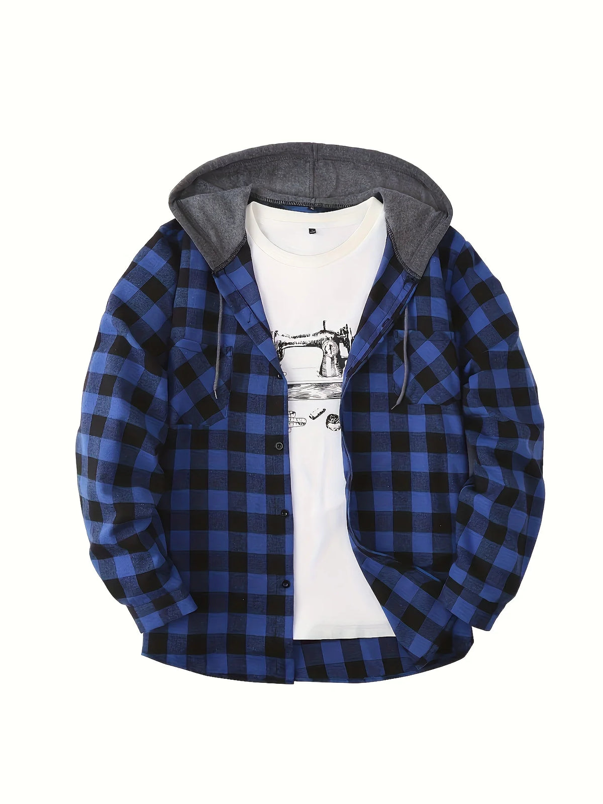 Men's navy blue plaid hooded sweatshirt for cold autumn and winter days