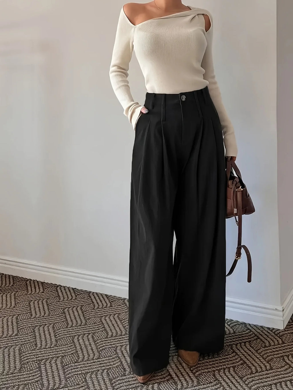 Women's coffee brown wide-leg pleated trousers