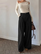 Women's coffee brown wide-leg pleated trousers