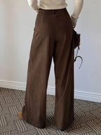 Women's coffee brown wide-leg pleated trousers