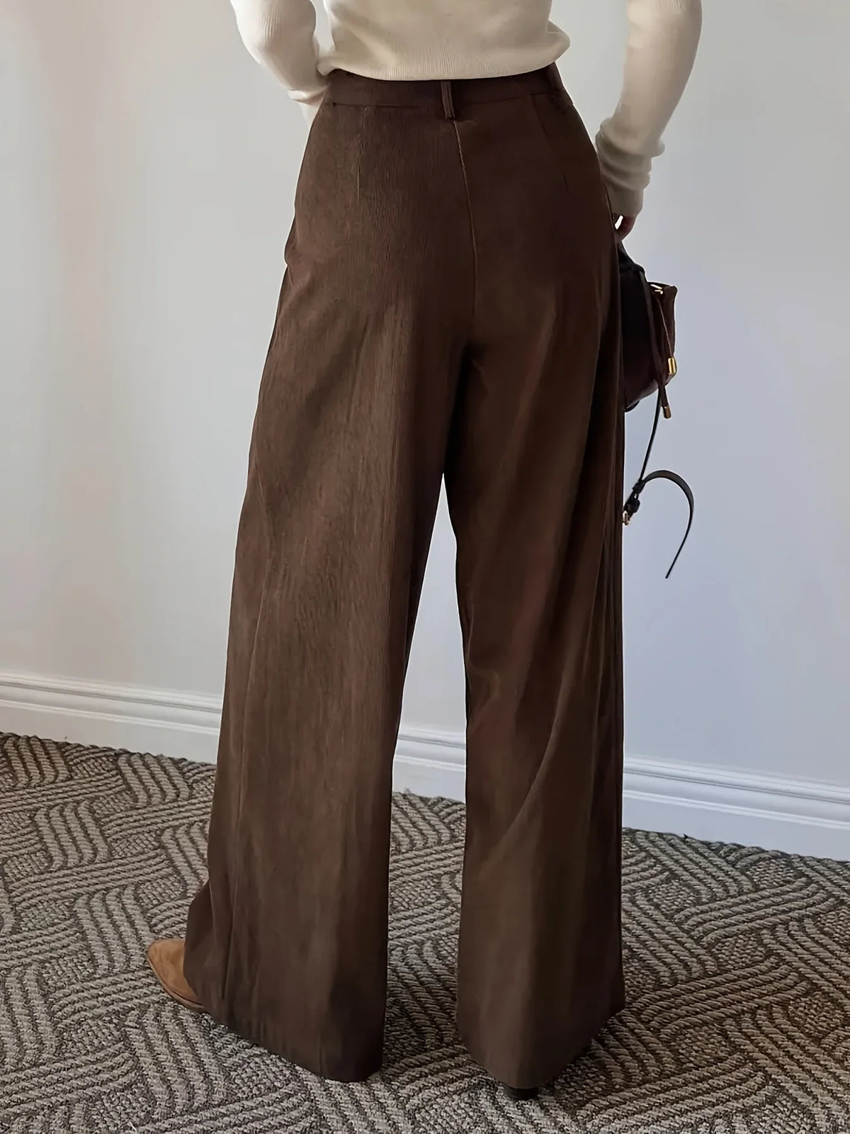 Women's coffee brown wide-leg pleated trousers