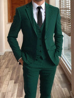 Men's black tailored pinstripe three-piece suit in autumn and winter