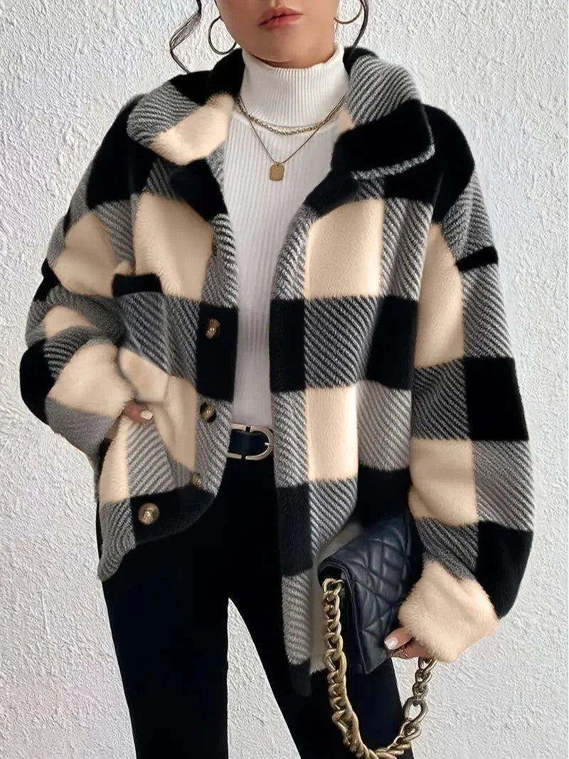Women's apricot plaid button-up winter jacket for everyday winter wear