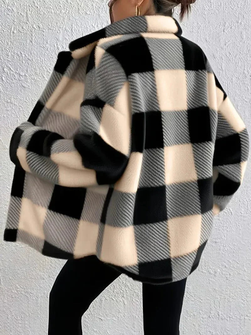 Women's apricot plaid button-up winter jacket for everyday winter wear