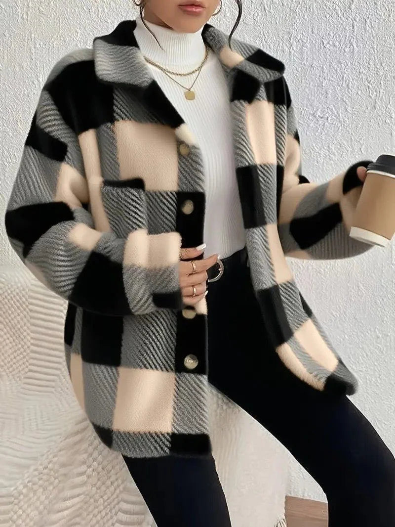 Women's apricot plaid button-up winter jacket for everyday winter wear