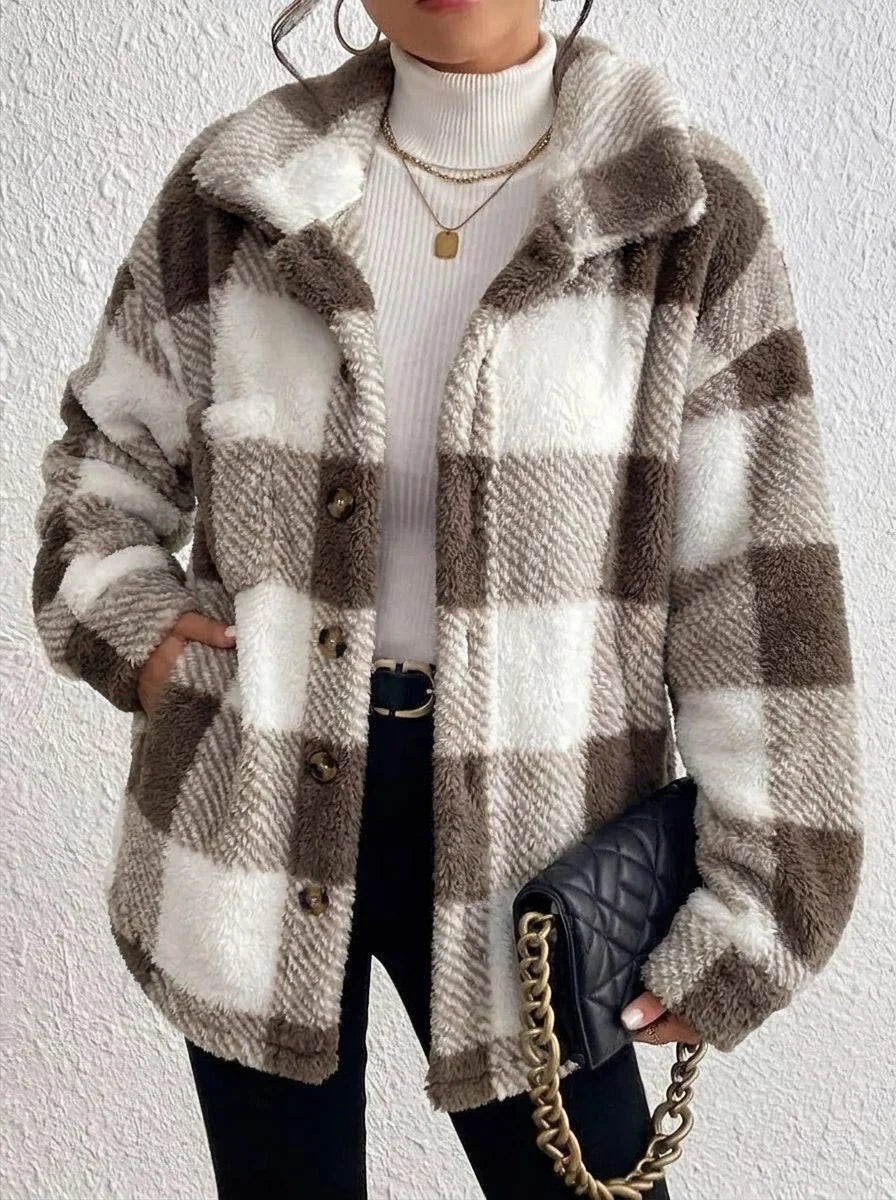Women's brown plaid button-up winter jacket for everyday winter wear