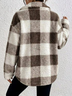 Women's brown plaid button-up winter jacket for everyday winter wear