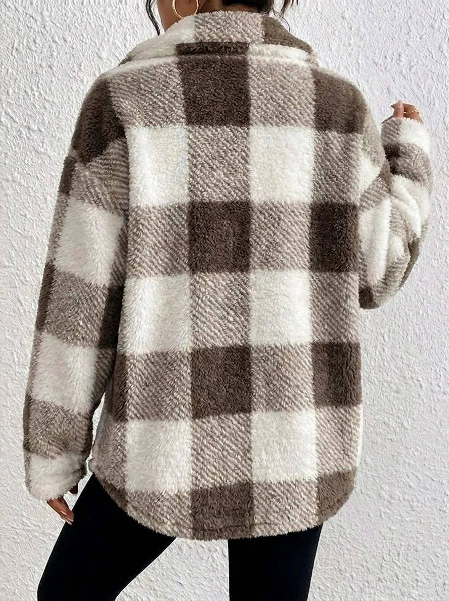 Women's brown plaid button-up winter jacket for everyday winter wear