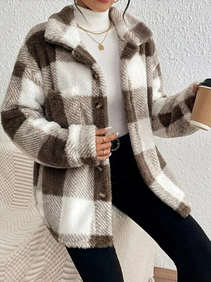 Women's brown plaid button-up winter jacket for everyday winter wear