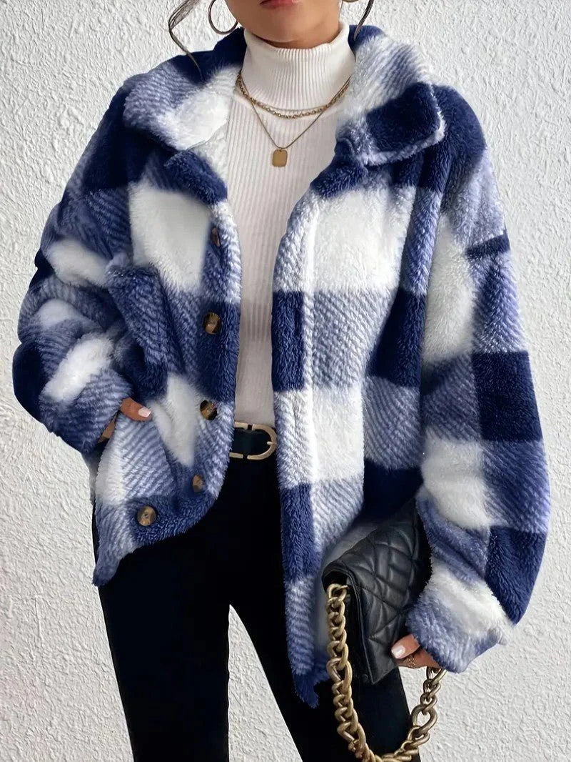 Women's blue plaid button-up winter jacket for everyday winter wear