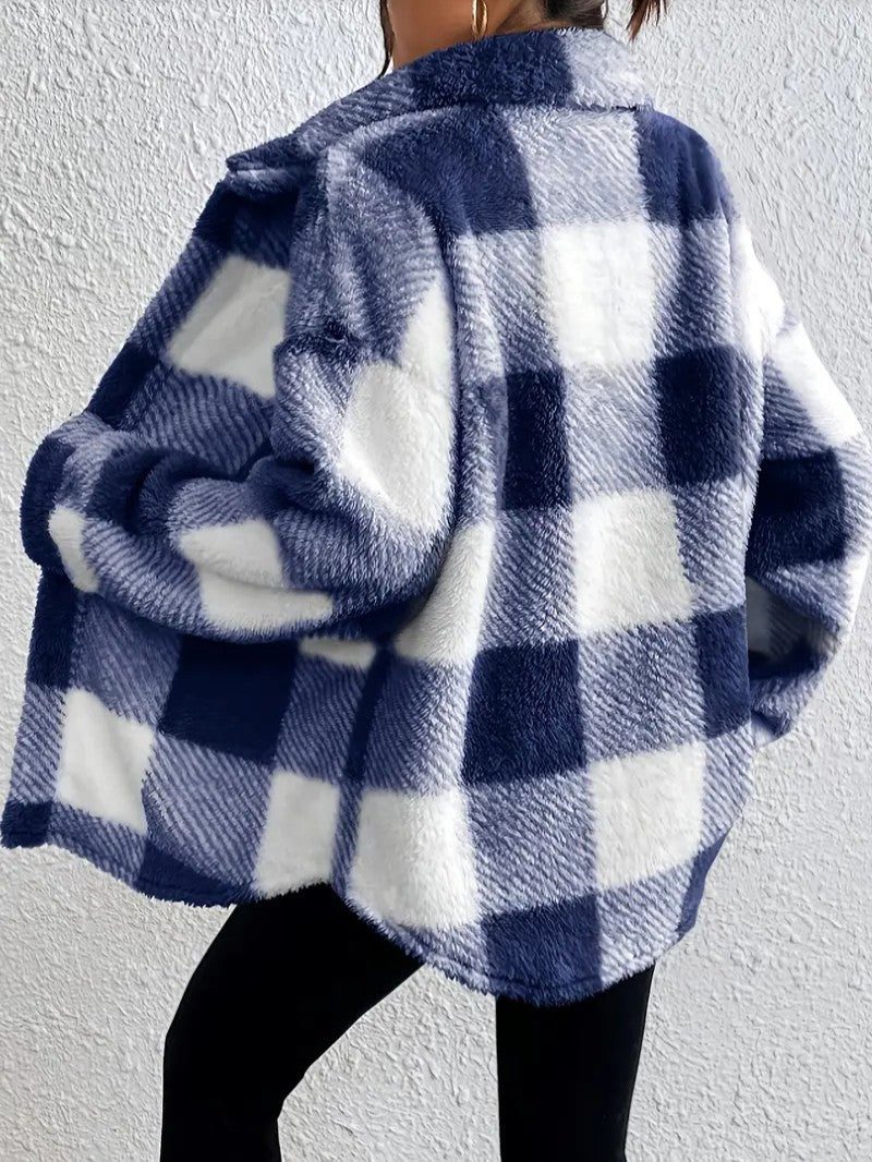 Women's blue plaid button-up winter jacket for everyday winter wear