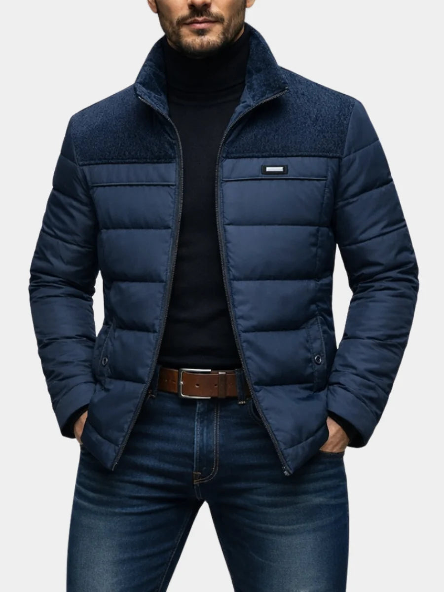 Men's navy blue quilted fleece jacket for chilly autumn and winter days