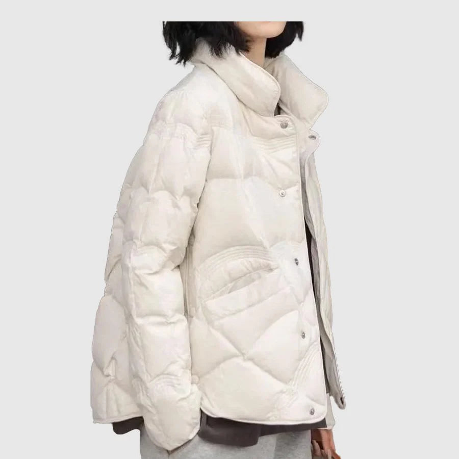Women's white quilted jacket with stand collar and button front