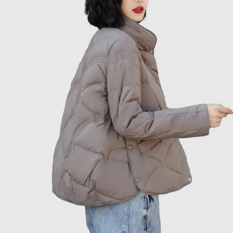 Women's brown quilted jacket with stand collar and button front
