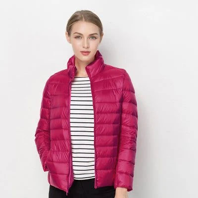 Women's fuchsia quilted puffer jacket with stand collar for winter wear
