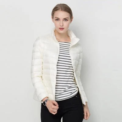Women's white quilted puffer jacket with stand collar for winter wear