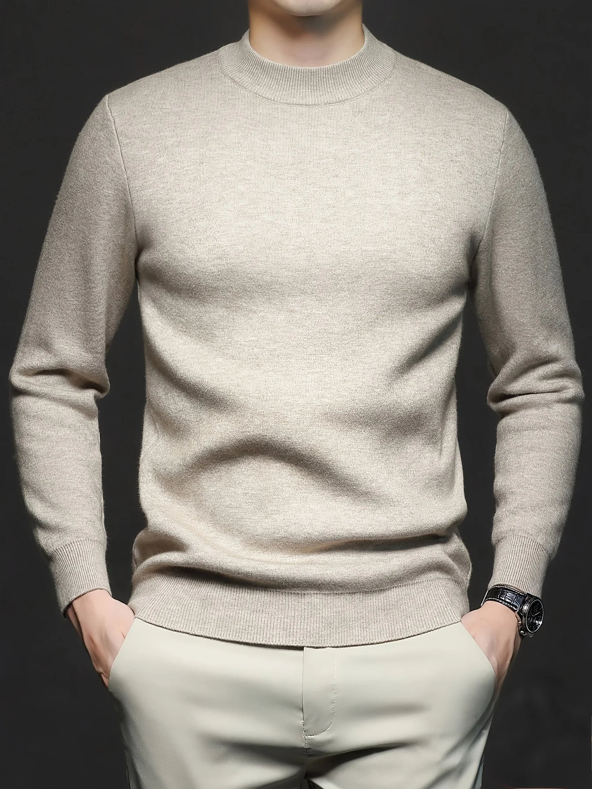 Men's beige ribbed high neck sweater for autumn and winter layering