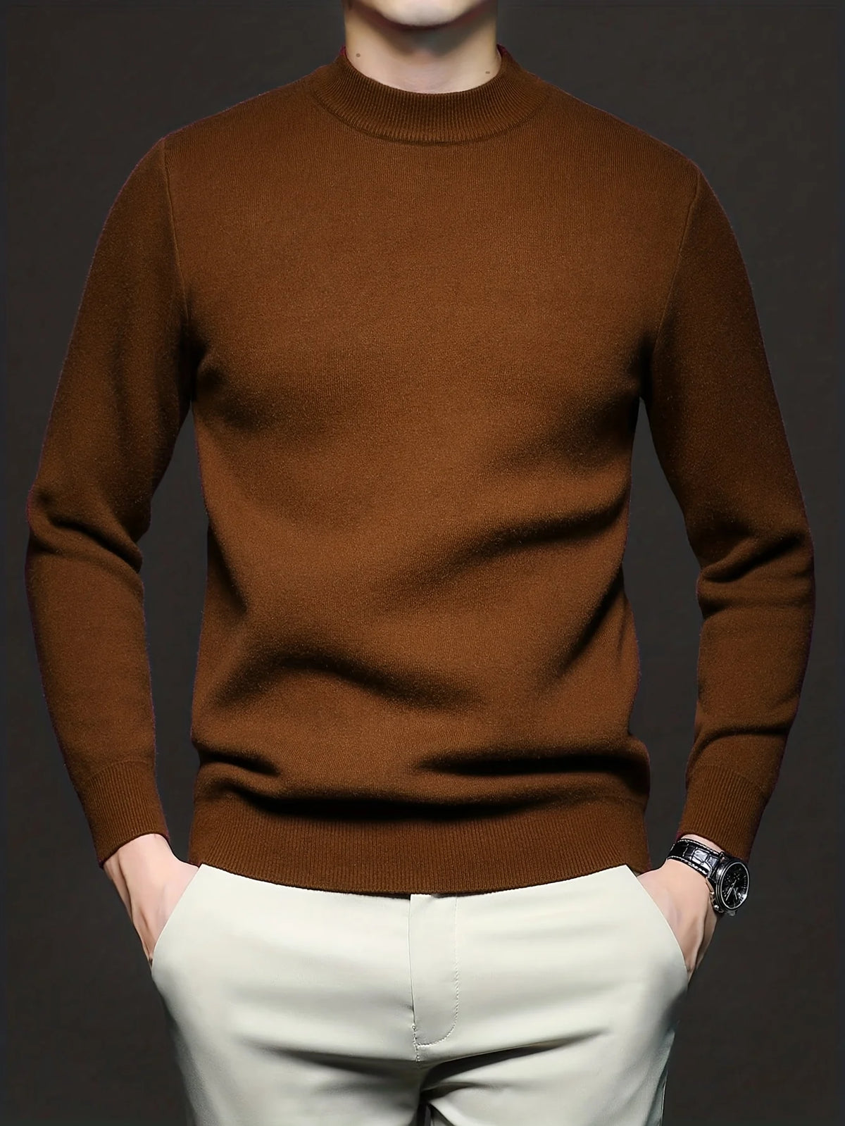 Men's brown ribbed high neck sweater for autumn and winter layering