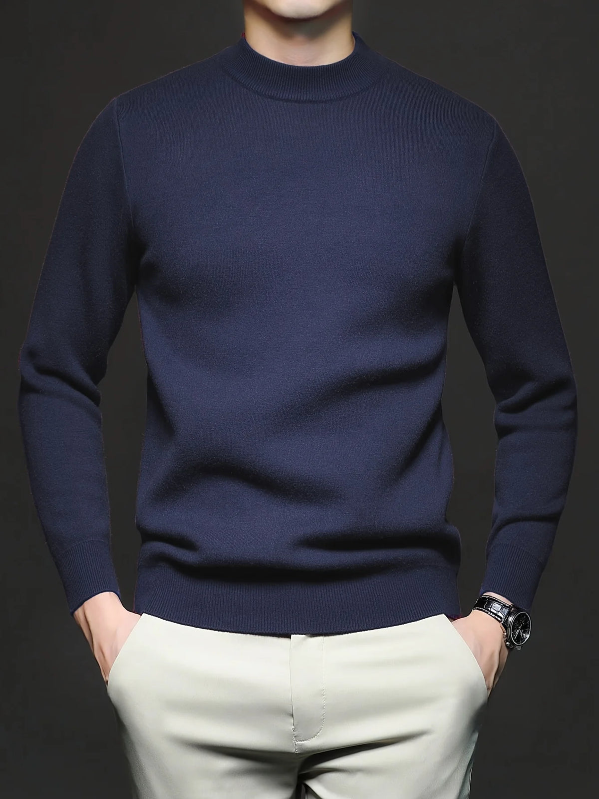 Men's navy blue ribbed high neck sweater for autumn and winter layering