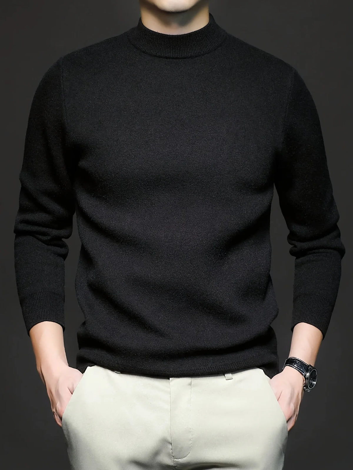 Men's black ribbed high neck sweater for autumn and winter layering