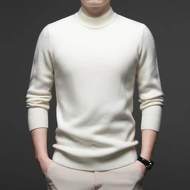 Men's white ribbed high neck sweater for autumn and winter layering