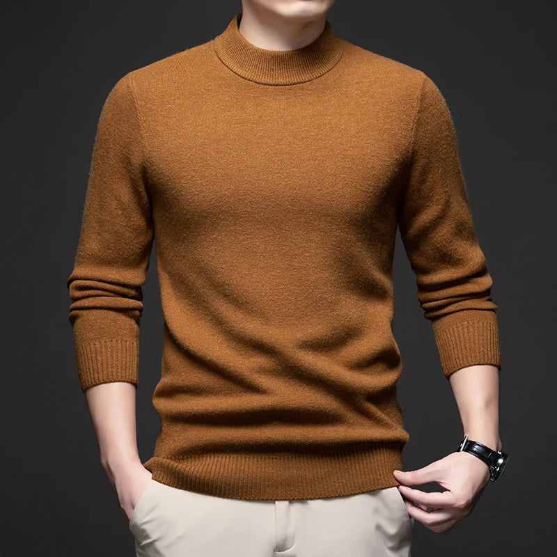 Men's light brown ribbed high neck sweater for autumn and winter layering