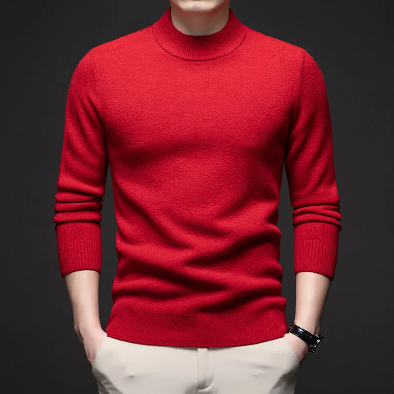 Men's red ribbed high neck sweater for autumn and winter layering