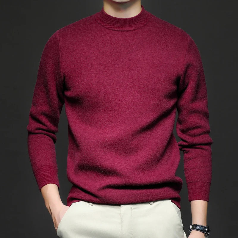 Men's burgundy ribbed high neck sweater for autumn and winter layering