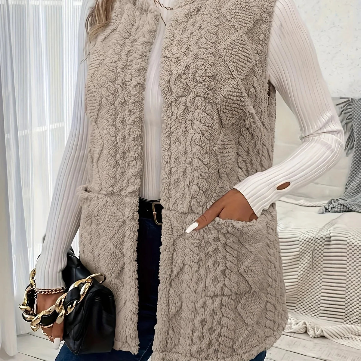 Women's khaki sleeveless textured gilet for autumn and winter layering