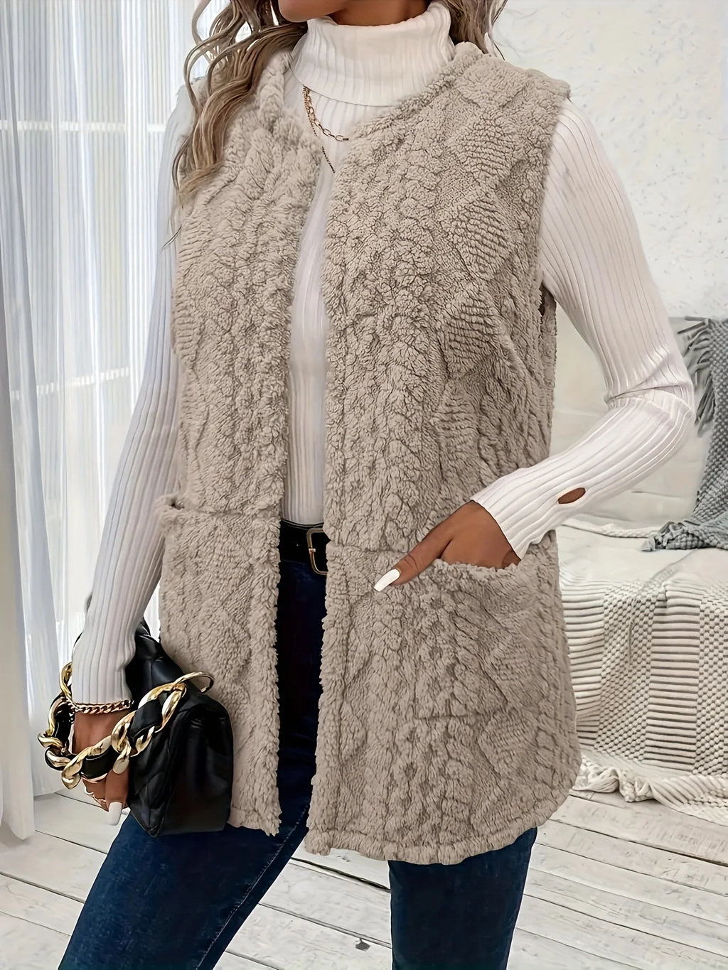 Women's khaki sleeveless textured gilet for autumn and winter layering