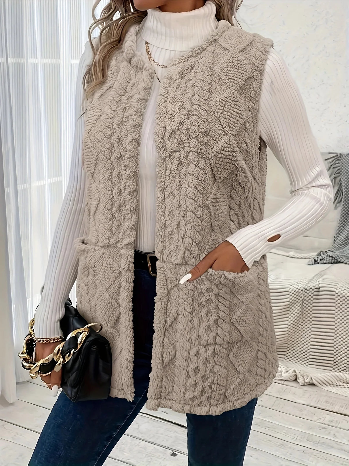 Women's khaki sleeveless textured gilet for autumn and winter layering