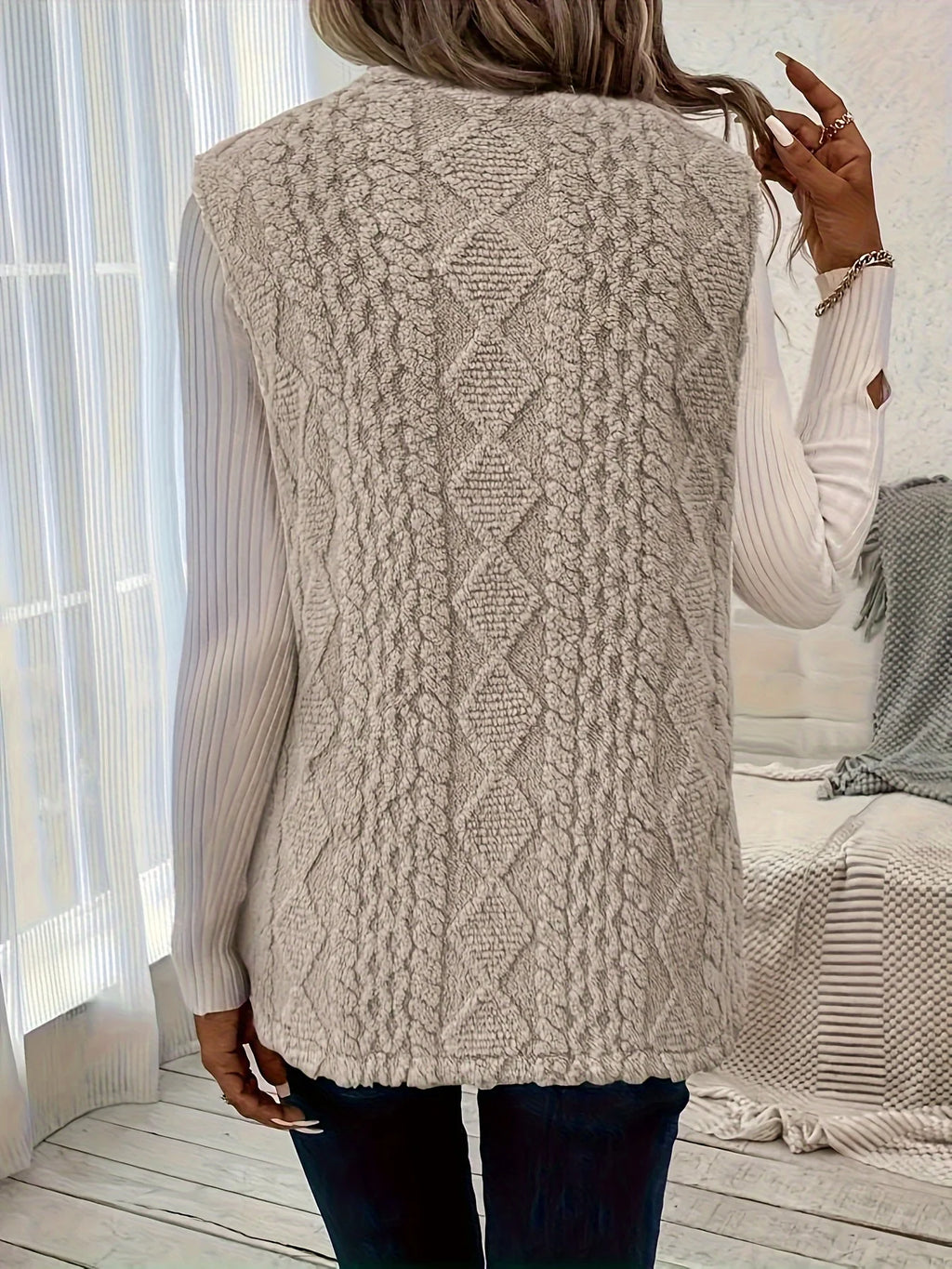 Women's khaki sleeveless textured gilet for autumn and winter layering