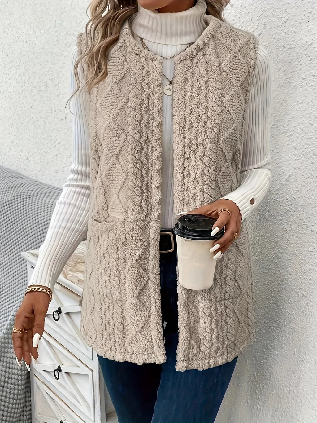 Women's khaki sleeveless textured gilet for autumn and winter layering