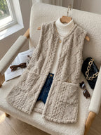 Women's khaki sleeveless textured gilet for autumn and winter layering