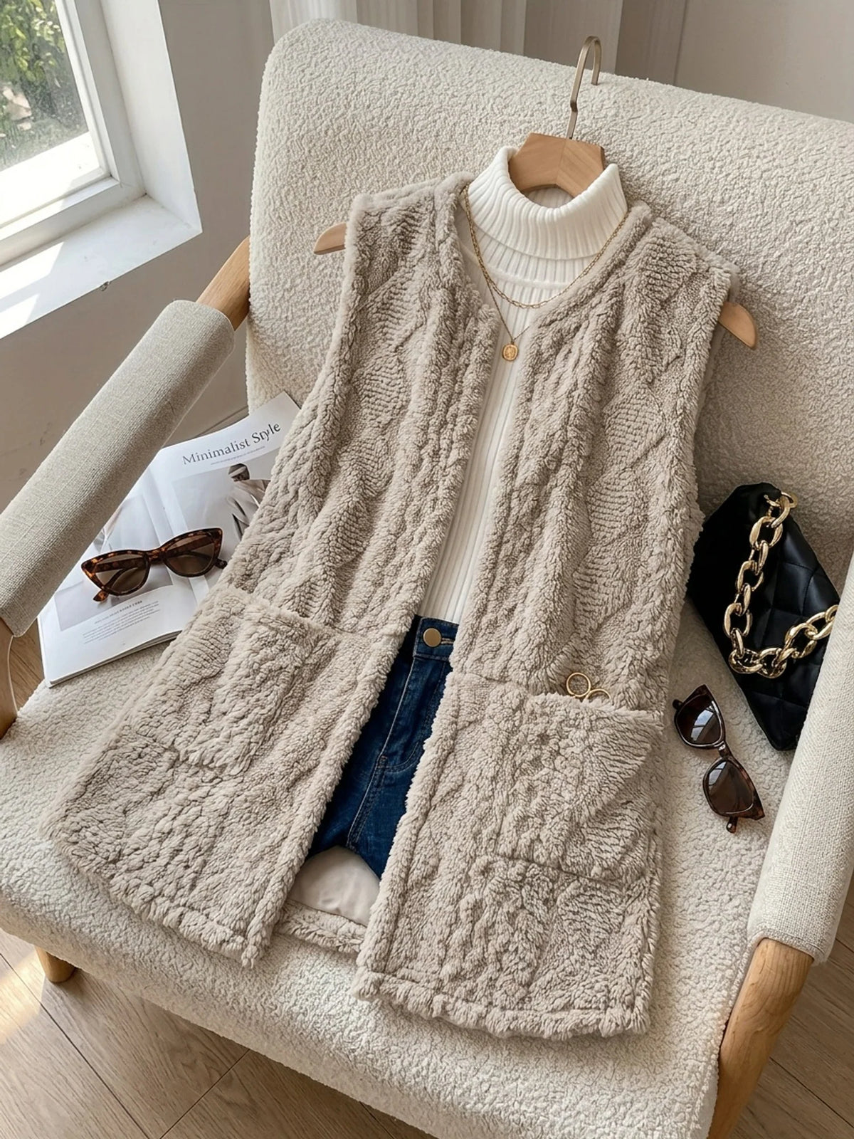 Women's khaki sleeveless textured gilet for autumn and winter layering
