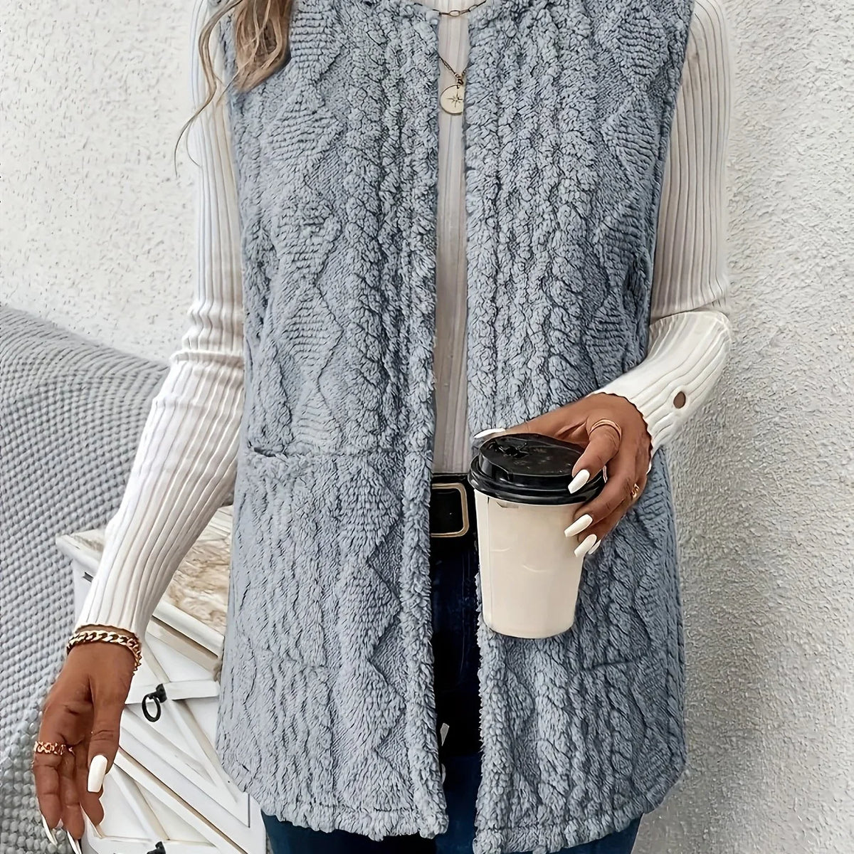 Women's slate grey sleeveless textured gilet for autumn and winter layering