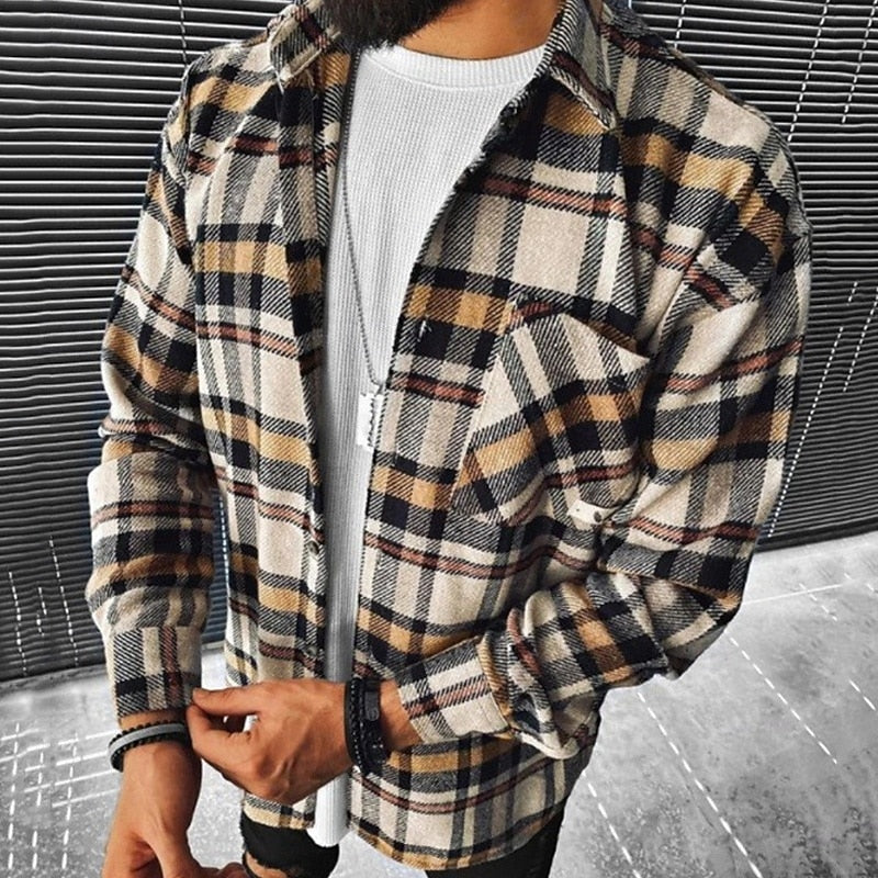 Men's khaki rugged plaid overshirt for autumn and winter layering
