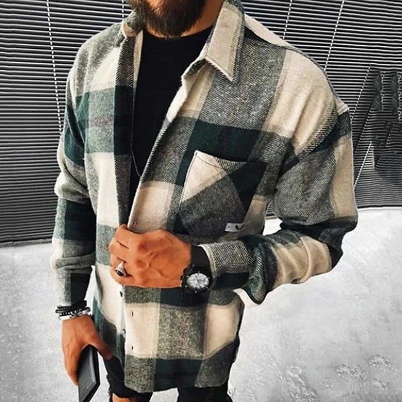 Men's green rugged plaid overshirt for autumn and winter layering