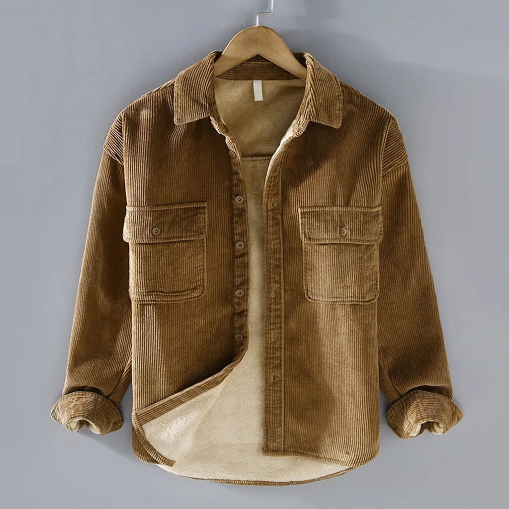 Men's khaki warm ribbed button-up jacket for autumn and winter layering