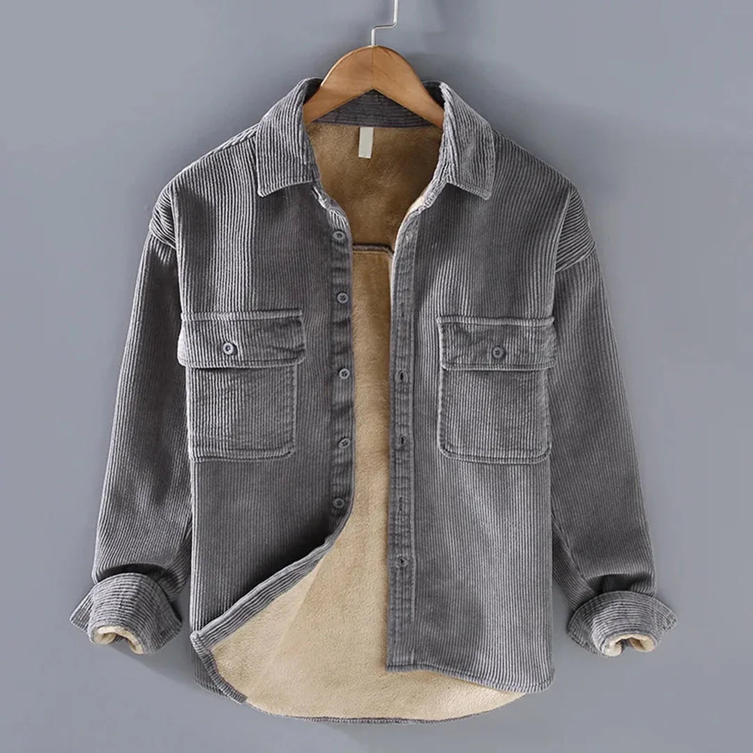 Men's khaki warm ribbed button-up jacket for autumn and winter layering
