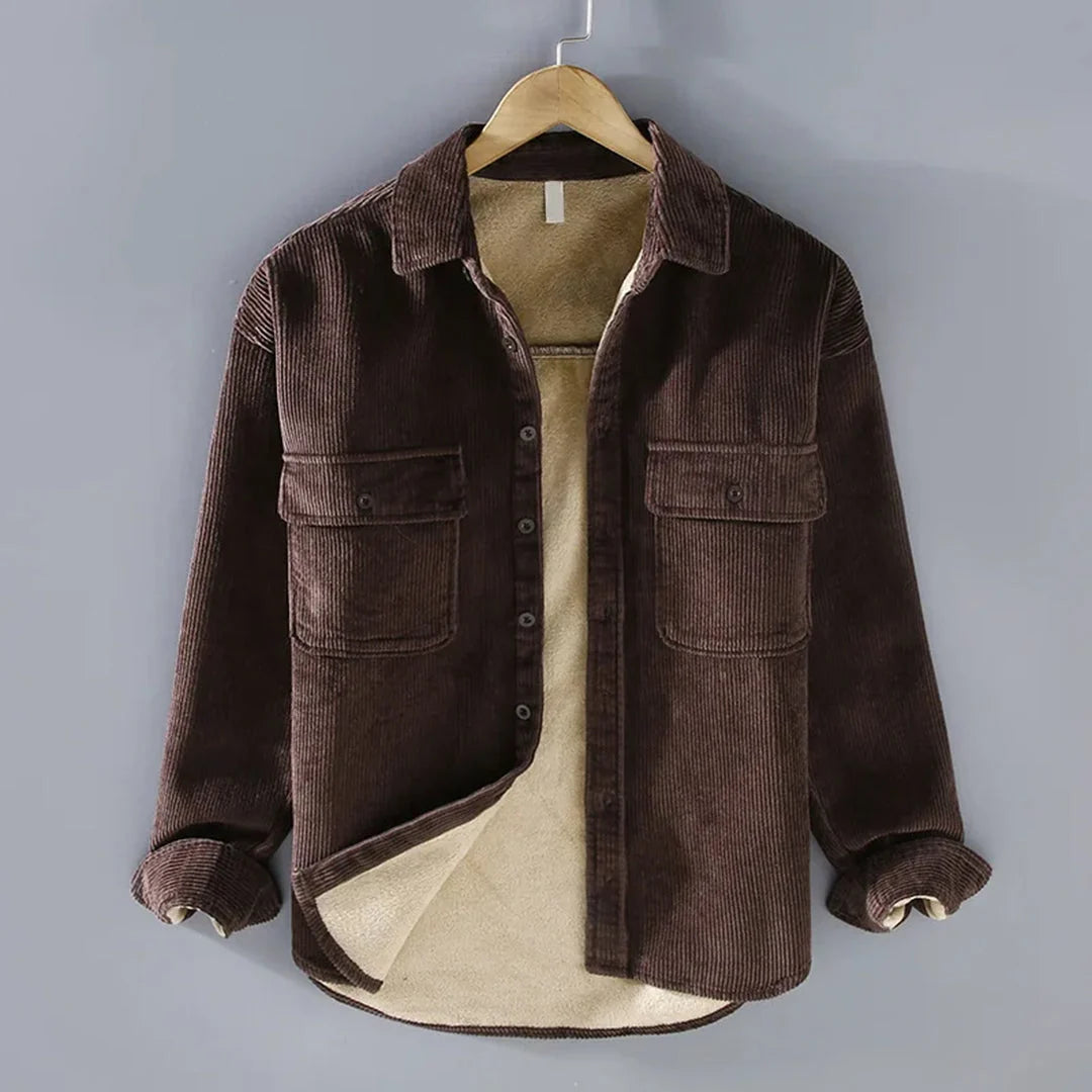Men's grey warm ribbed button-up jacket for autumn and winter layering