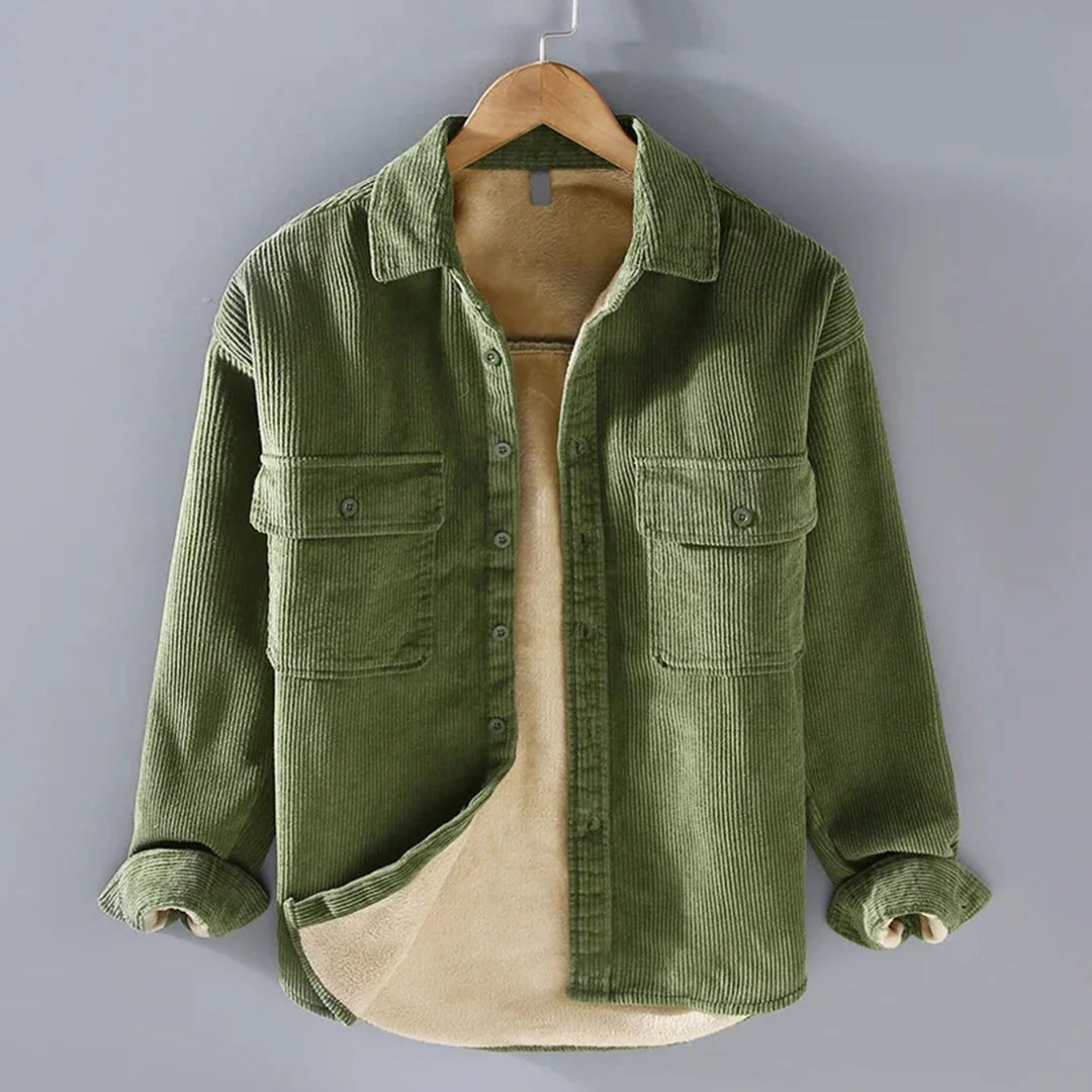 Men's grey warm ribbed button-up jacket for autumn and winter layering