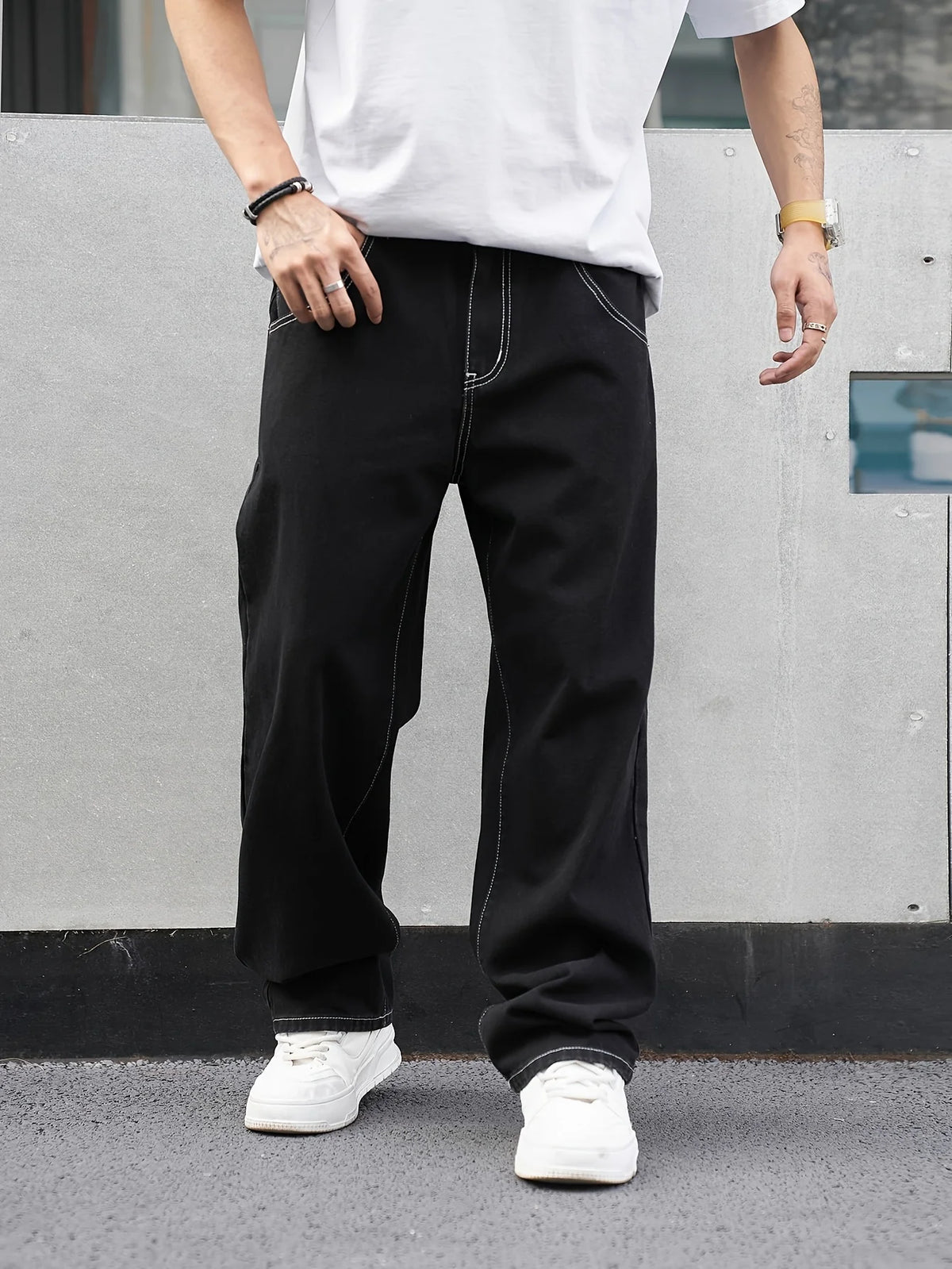 Men's black relaxed fit straight trousers