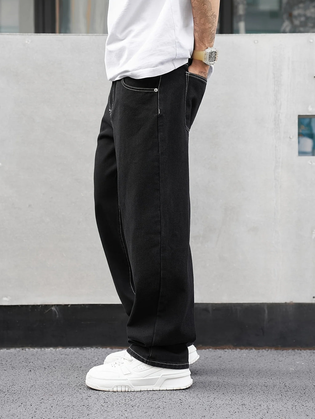 Men's black relaxed fit straight trousers