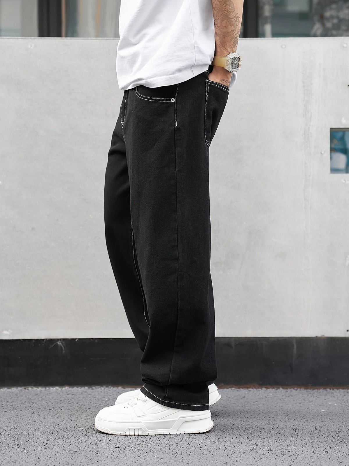 Men's black relaxed fit straight trousers