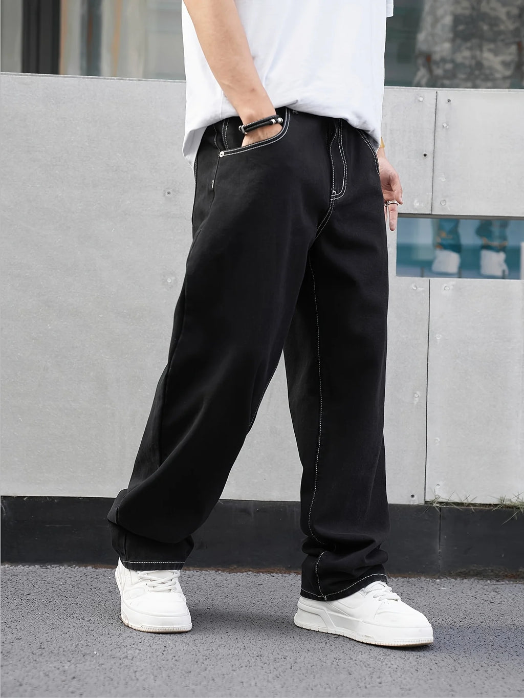 Men's black relaxed fit straight trousers