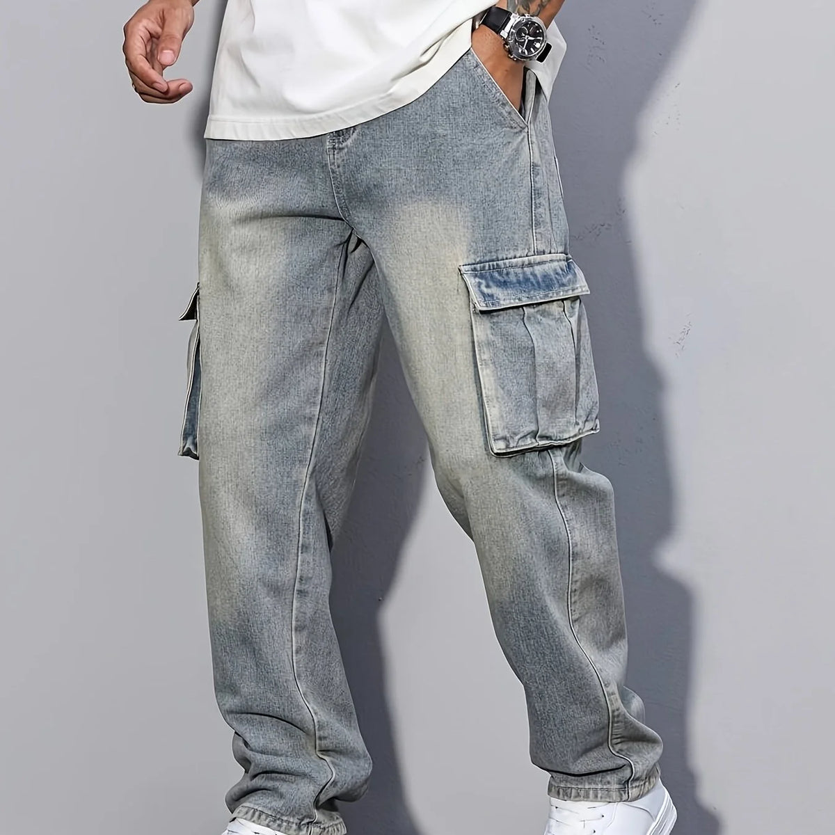 Men's sea blue relaxed utility cargo trousers